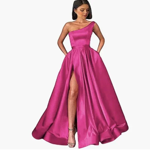 open lace back dress Hot Pink Prom Dress 2024 One-Shoulder Satin with Slit 24W / Blue